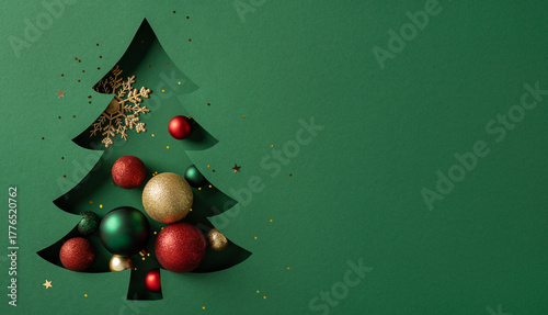 A green silhouette Christmas tree decor filled with red, green, and gold baubles and a gold snowflake accent. Perfect for holiday greeting and New Year themes, festive atmosphere, warm celebration