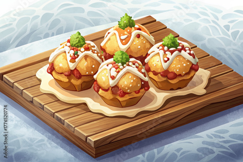 Crispy takoyaki topped with bonito flakes and sauce, served in wooden tray placed on snow during cold outdoor festival