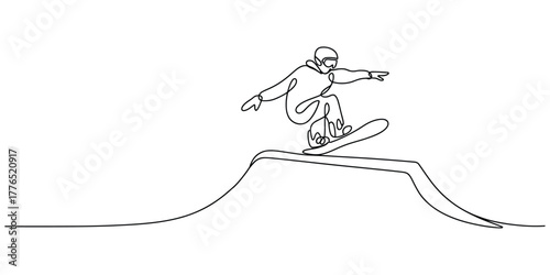 Snowboarder performing a trick on a rail, continuous line drawing