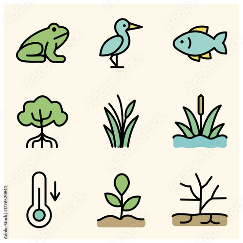 Flat vector icon set showing frog, bird, fish, mangrove, aquatic plants, and climate symbols representing wetland ecosystem and biodiversity conservation. Perfect for World Wetlands Day, eco education