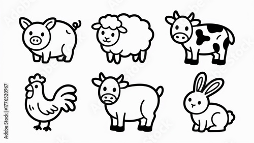Set of farm animal icons simple line art vector illustration isolated on white background