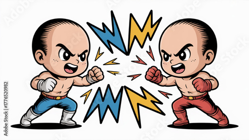 Two cartoon fighters clashing stylized vector illustration of a boxing match isolated on white background