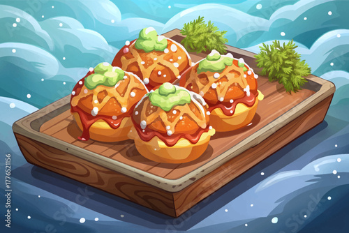 Crispy takoyaki topped with bonito flakes and sauce, served in wooden tray placed on snow during cold outdoor festival