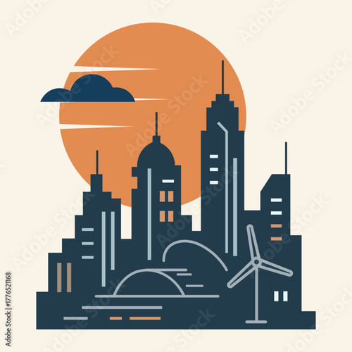 Urban city skyline with sunset and modern buildings flat vector design.eps