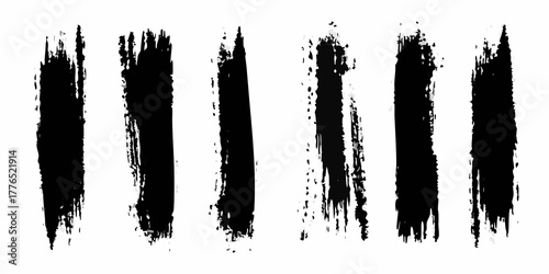 Collection of six black abstract vertical brush stroke textures on a white background