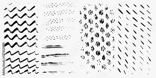 Collection of hand painted abstract black ink brush stroke patterns and textures on white background