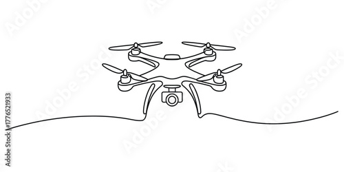 Continuous line drawing of a drone with camera flying