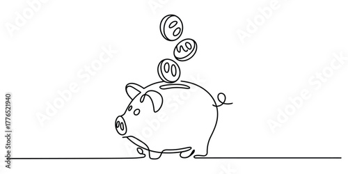 Simple continuous line drawing of a piggy bank with coins falling in