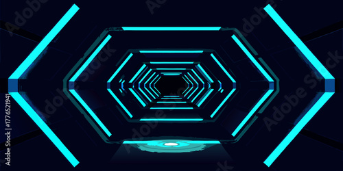 Futuristic hexagonal tunnel with glowing blue neon lights receding into darkness