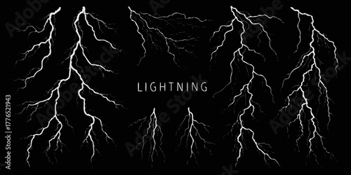 Collection of white lightning bolts and electrical discharge effects on a black background