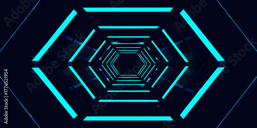 Abstract hexagonal tunnel with neon blue lights and dark futuristic background
