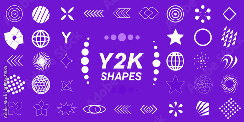 Collection of y2k aesthetic geometric shapes and symbols on a vibrant purple background