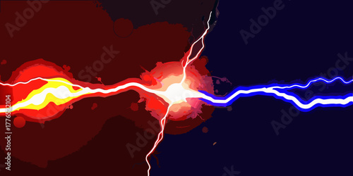 Abstract clash of red and blue lightning energy bolts colliding in a vibrant explosion