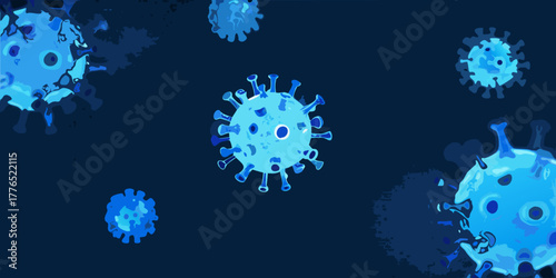 Abstract blue coronavirus particles floating in dark blue background with grunge elements
