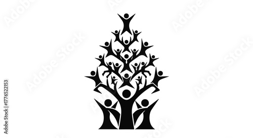Stylized tree of happy people reaching upwards, symbolizing growth and community.