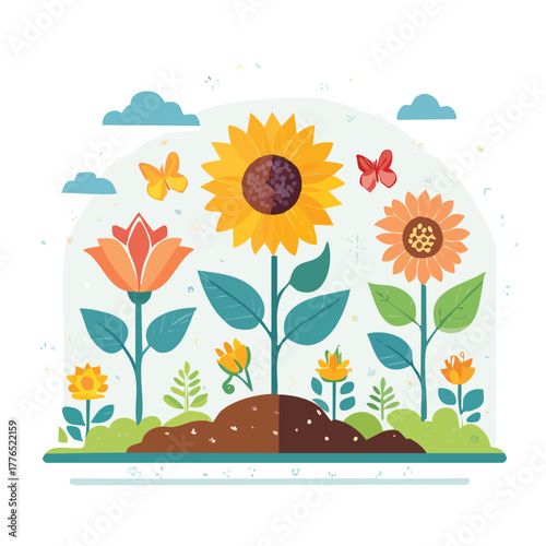 Vibrant Floral Garden Illustration Sunflowers, Butterflies, and Blooming Flowers in a Spring Scene