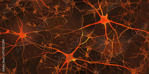 Abstract representation of interconnected neurons with glowing orange dendrites and axons against a dark background
