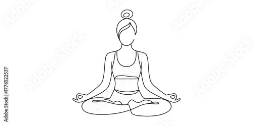 Simple continuous line drawing of a woman meditating in lotus position