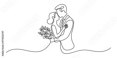 Continuous line drawing of a wedding couple kissing