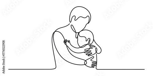 Father hugging his child in a single line drawing style