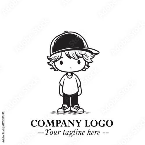 Black and White Chibi Boy Illustration with Jacket and Boots in Bold Thick Line Art Minimal Style