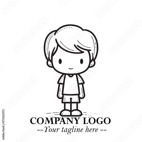 Black and White Chibi Boy Illustration with Jacket and Boots in Bold Thick Line Art Minimal Style