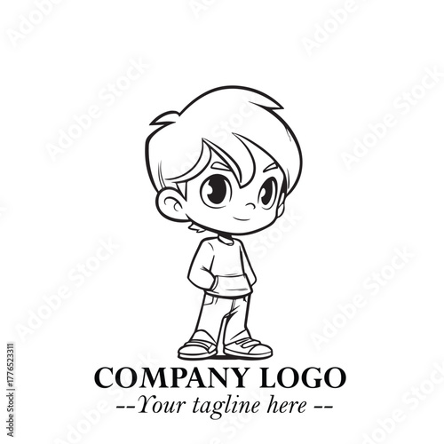 Black and White Chibi Boy Illustration with Jacket and Boots in Bold Thick Line Art Minimal Style