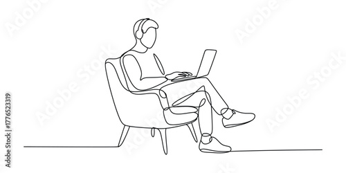 Single line drawing of a man sitting in a chair with a laptop