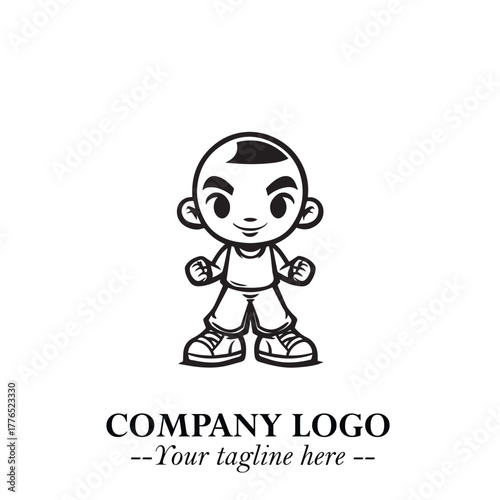 Black and White Chibi Boy Illustration with Jacket and Boots in Bold Thick Line Art Minimal Style