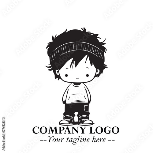 Black and White Chibi Boy Illustration with Jacket and Boots in Bold Thick Line Art Minimal Style
