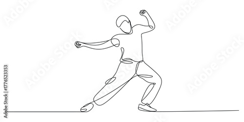 Simple continuous line drawing of a man throwing a ball in a single line drawing style