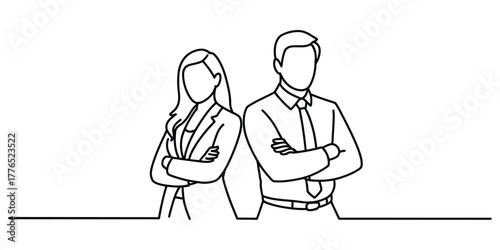 Two business people standing back to back with arms crossed, continuous line drawing