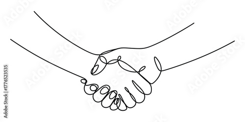 Close up of two hands shaking in agreement and partnership, continuous line drawing