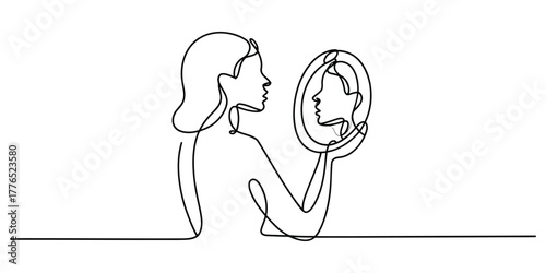 Simple continuous line drawing of a woman looking in a mirror