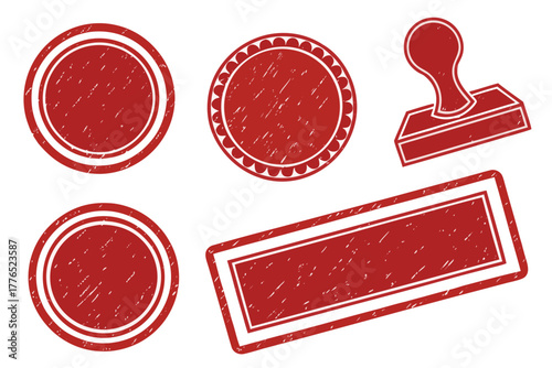 Various red grunge stamp shapes with distinct borders stand isolated on a white canvas