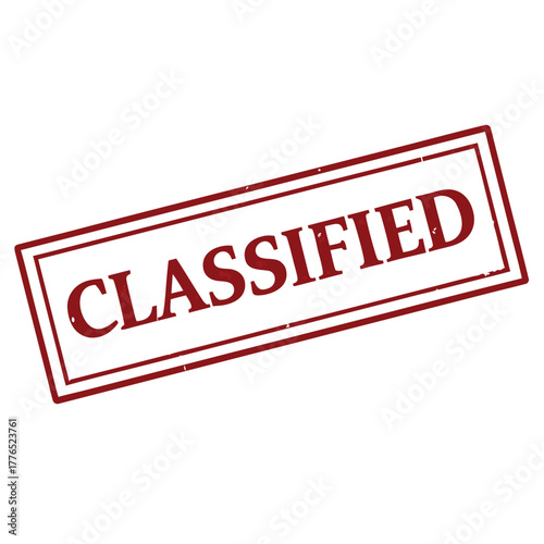 A rectangular stamp with the word CLASSIFIED printed in red sits diagonally on white