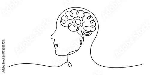 Human head profile with gear in brain, continuous line drawing