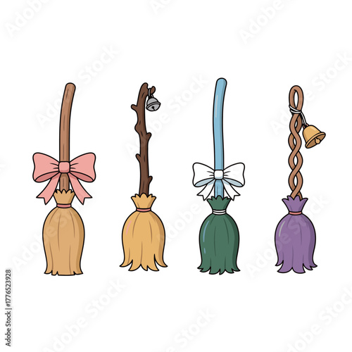 Set of four magical witch brooms decorated with ribbons and bells, cartoon vector illustration of flying objects suitable for Halloween, fantasy, magic, or fairy tale design elements