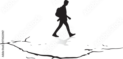 Silhouette of Hiker with Backpack Walking Across Cracked Ground on White Background person