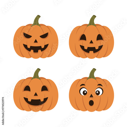Set of four orange Halloween pumpkins with carved Jack-o'-lantern faces showing evil, happy, surprised, and mischievous expressions, vector illustration for seasonal celebration