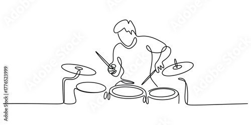 Drummer playing drums with drumsticks Simple continuous line drawing