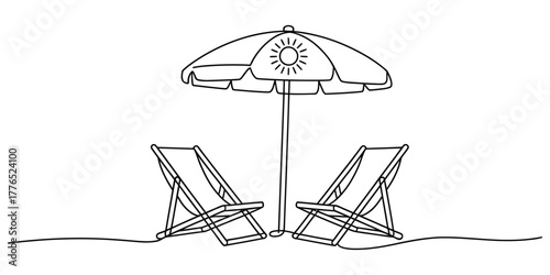 Two deck chairs and a beach umbrella Simple continuous line drawing