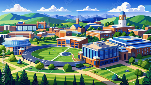 Very beautiful aerial view of the University of Kentucky campus in Lexington, showcasing its modern architecture, academic buildings, and the lush surrounding landscape under clear skies.