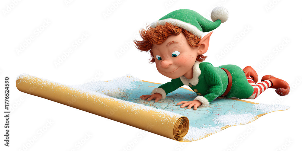 Naklejka premium Redhaired boy dressed as Christmas elf studying a snowcovered map, planning Santas route for holiday season Concept of Christmas, holiday, travel, and adventure