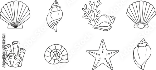 Vector pictograms of scallop shell, conch shell, spiral shell, tube coral, starfish, thin linear illustration