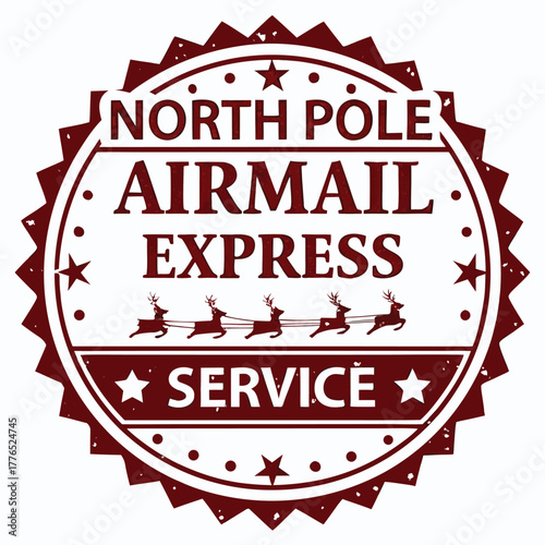 Faux vintage North Pole Airmail Express service seal with reindeer team is festive