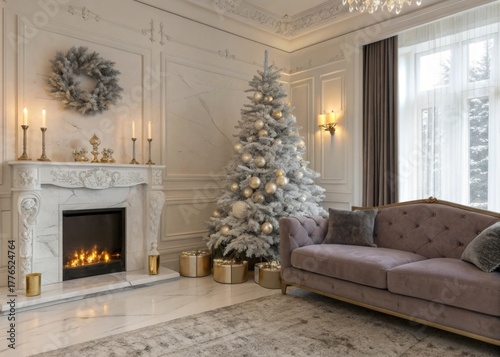 Creating a cozy holiday atmosphere in an elegant living room featuring a marble fireplace and a tall white christmas tree with luxurious silver ornaments