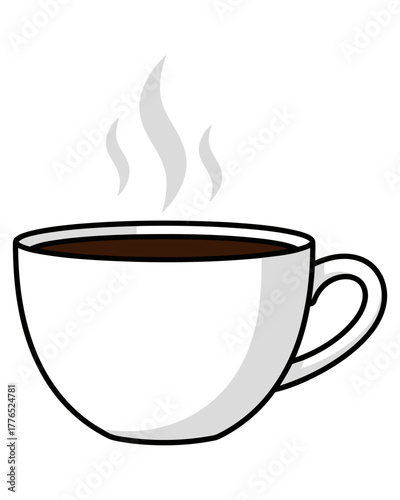 A simple vector illustration of a steaming white cup filled with hot black coffee, symbolizing a morning ritual, an energizing caffeine boost, and a moment of comfort