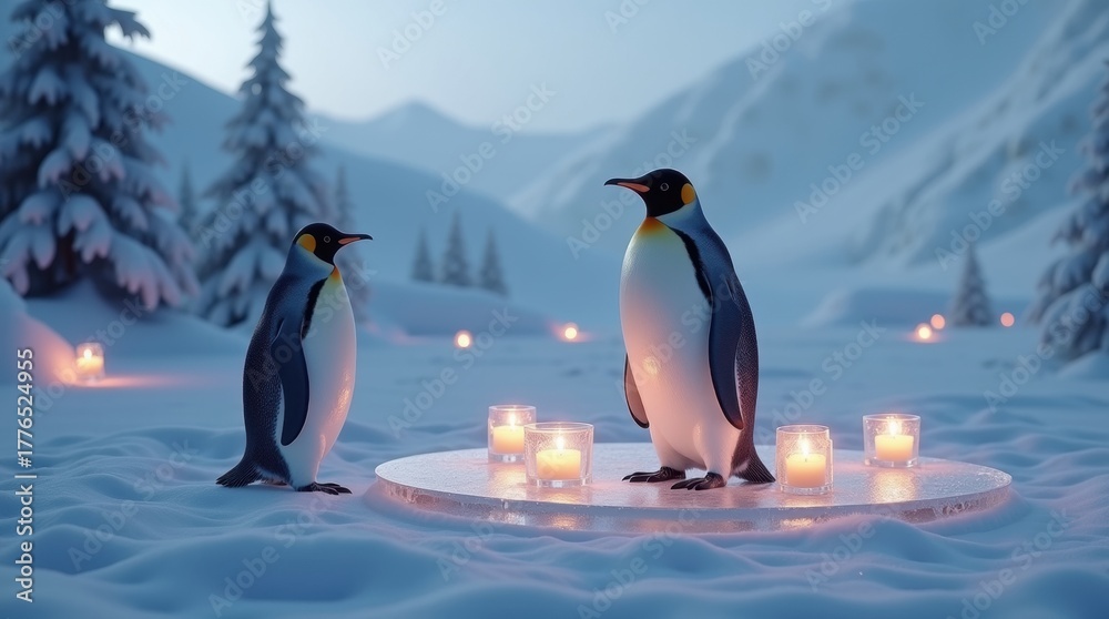 Fototapeta premium Two penguins standing in a snowy landscape illuminated by candles