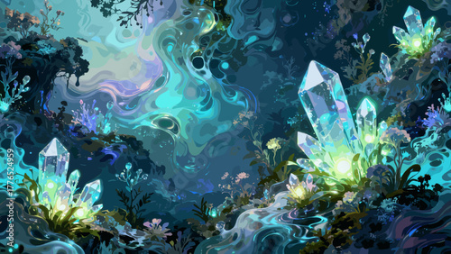 Surreal Seamless Pattern with Magical Glowing Flora and Liquid Crystalline Forms